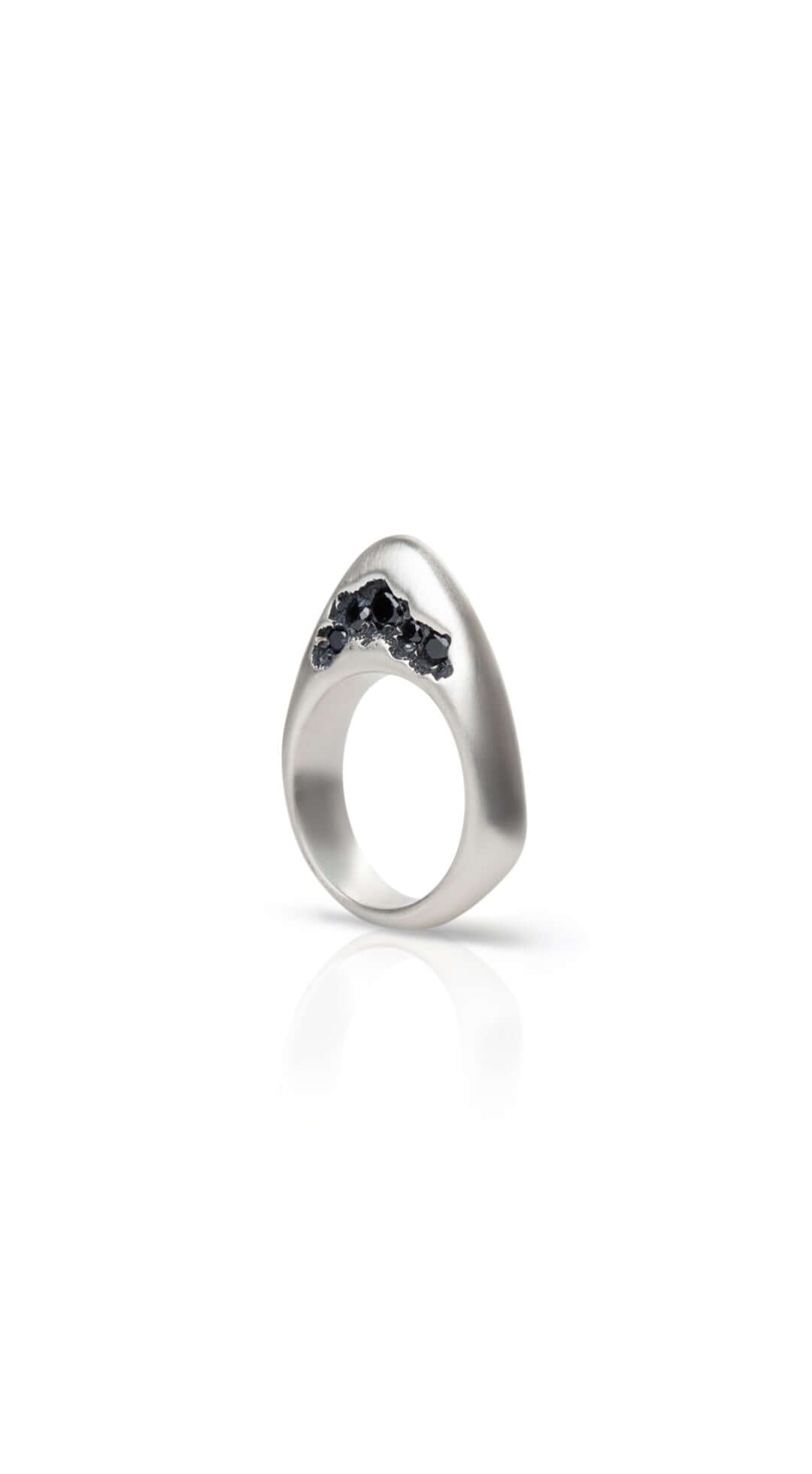 Handcrafted sterling silver ring featuring a triangle black spinel stone with dark patina