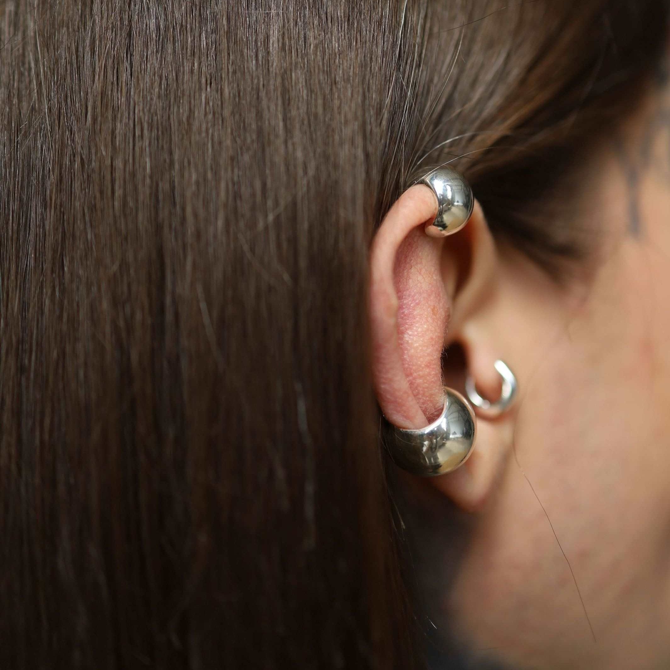 Domed cuff earring in sterling silver, perfect for non-pierced ears.