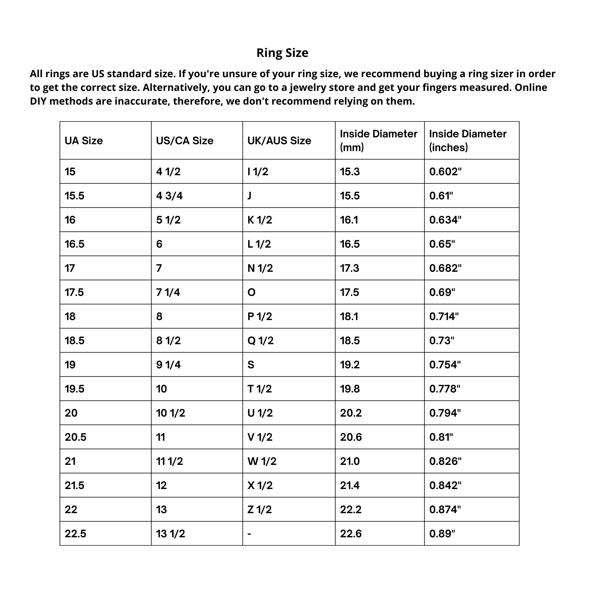 Ring size chart showing US and UK/AUS sizes, inside diameters, and conversions for accurate ring fitting.