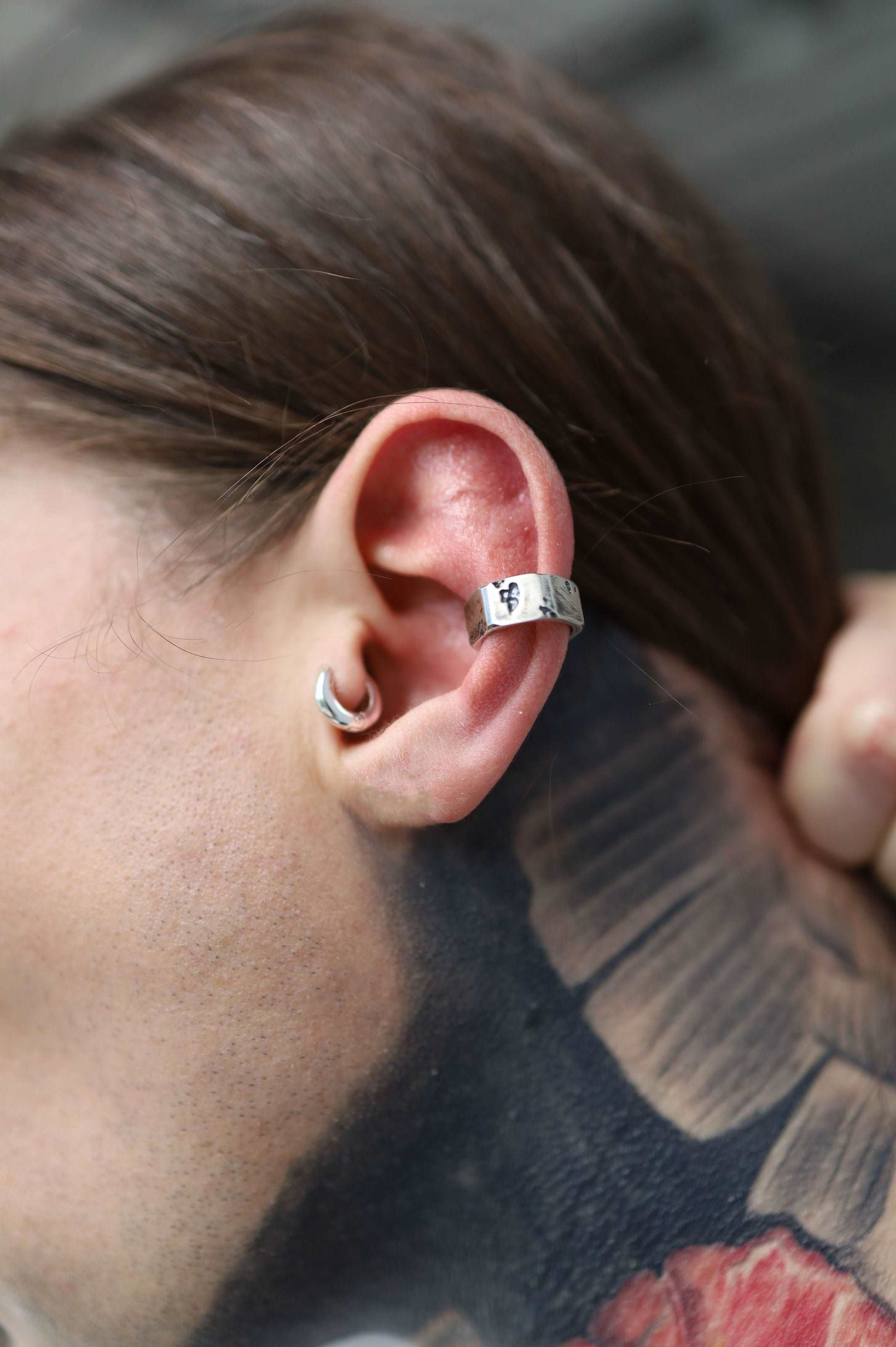 Minimalist ear stack essential with structured industrial-inspired screw nut geometric pattern