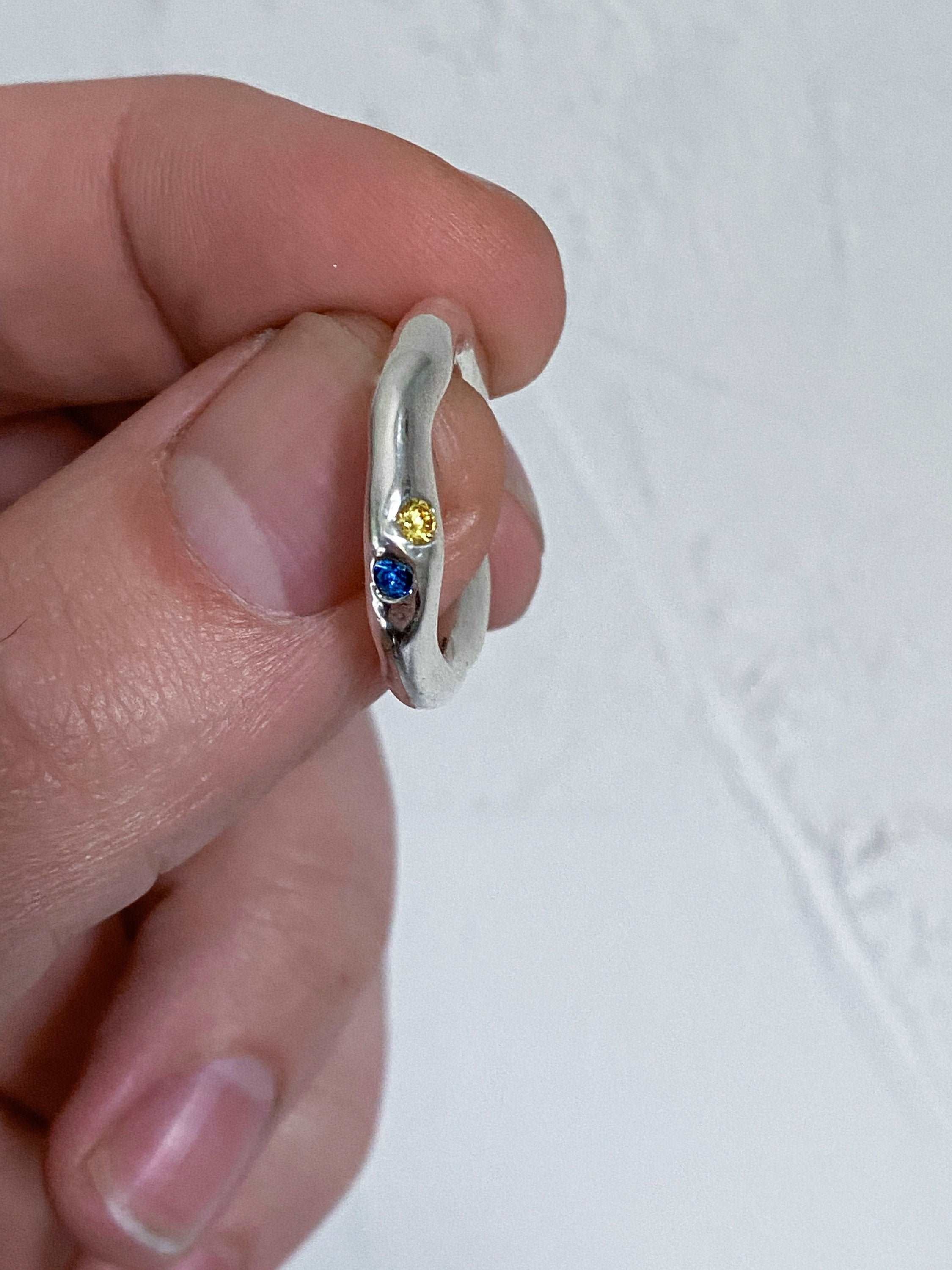 Ukranian Flag sterling silver Irregular cubic zirconia Ring.